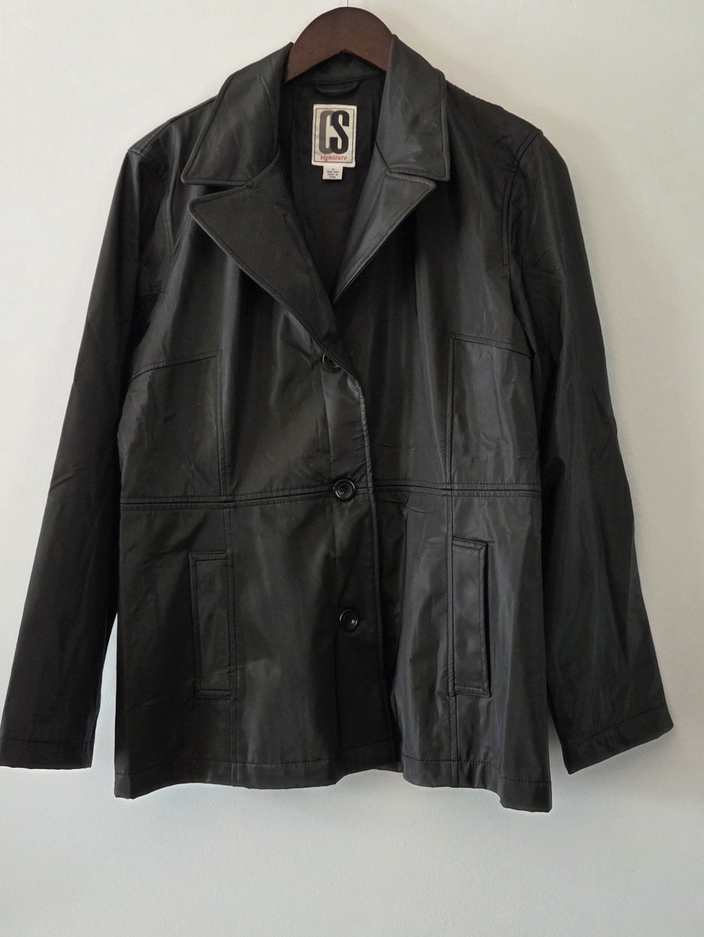 CS Signature Black Faux Leather Long Jacket Size M